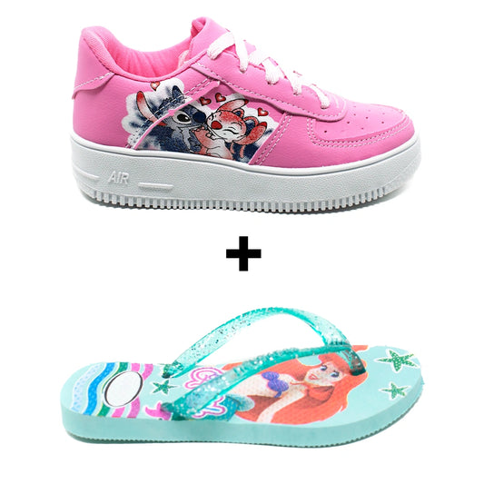 Kit Menina Tênis Infantil Stitch + Chinelo Infantil Personagens