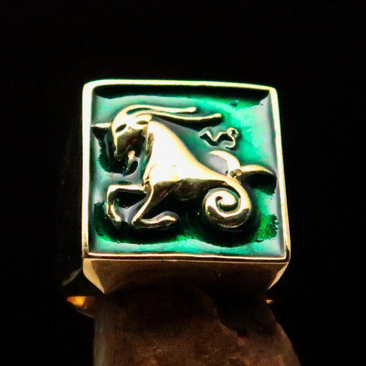 Brass Men's Zodiac Ring Capricorn in Green-0